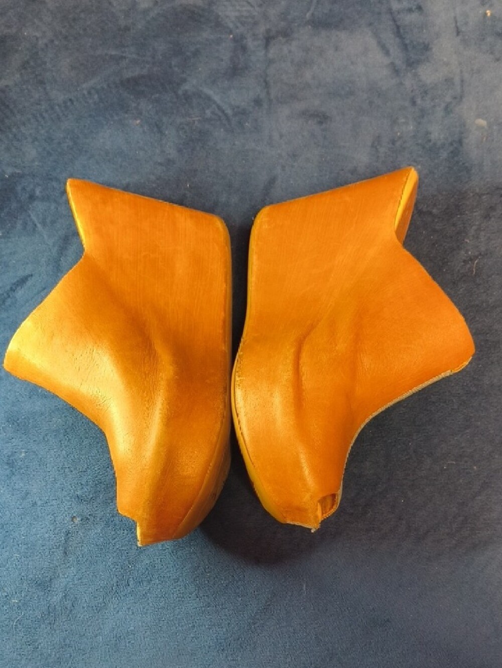 Kork-Ease Two-Tone Leather Peep-Toe Wedge Mules in Tan & Grayish Blue - Picture 2 of 5